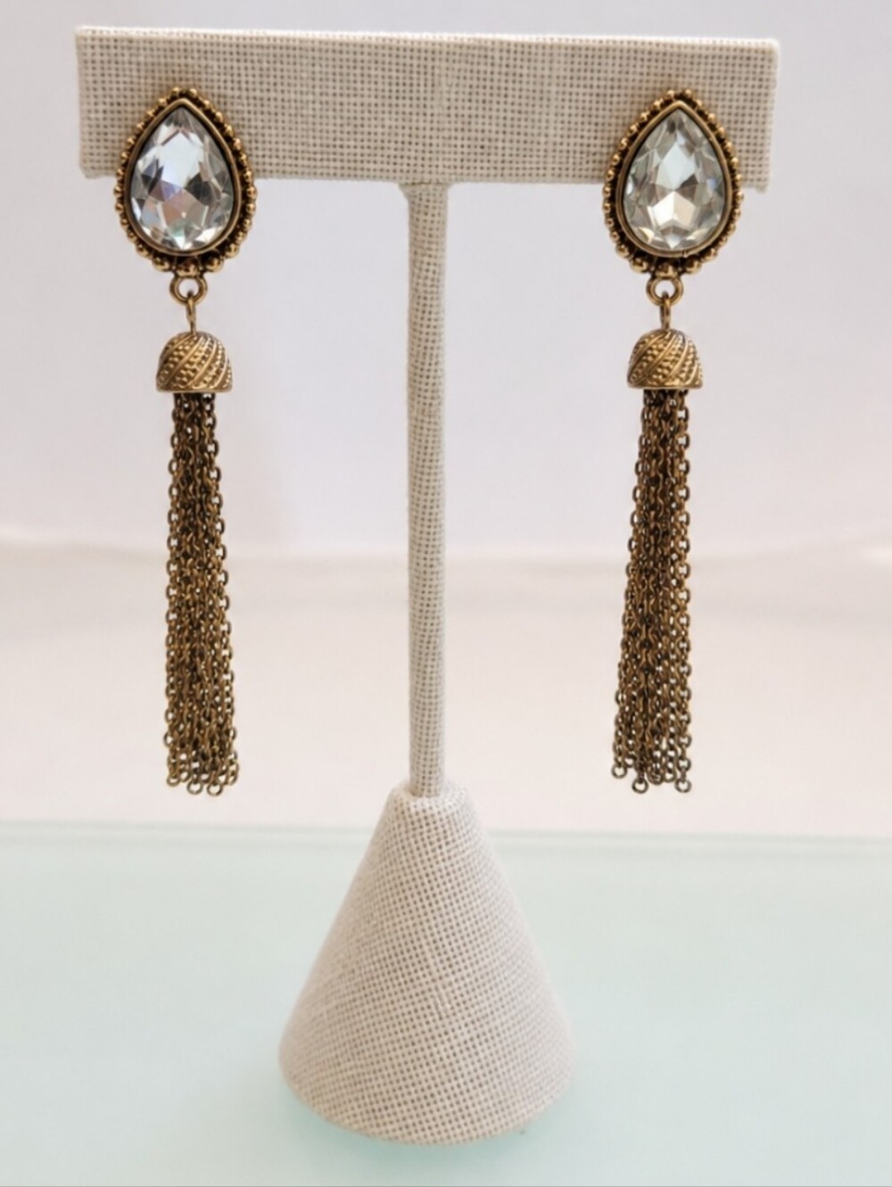 Jillian Michél Crystal Teardrop Tassel Earrings Gold Tone Statement NWT